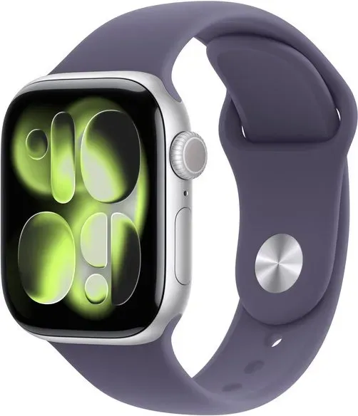 Apple Watch Series 11 GPS 42 mm, silbernes Aluminiumgehäuse mit Purple Fog Sportarmband - S/M