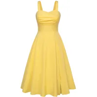 Damen Spaghetti Blumenkleid Midi A-Linie Partykleid Rockabilly Cocktailkleid Sommerkleid mit Schlitz Hellgelb L - L