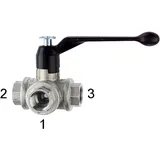 Riegler 3-Wege-Kugelhahn, T-Bohrung, Messing vernickelt, Rp 3/4, DN 20
