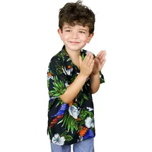King Kameha Funky Hawaiihemd Kids Kinder Jungs, Kurzarm, Print Cherryparrot, Schwarz, 12 - 12 Jahre