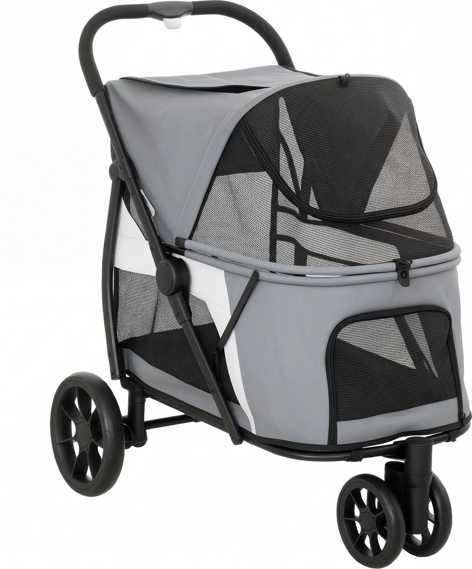 PawHut Hundewagen Hundebuggy Faltbar Katzenwagen bis 20 kg mit waschbarem Kissen, Netzfenstern, 3 Räder, Tür, Rückentasche, Haustierbuggy für kleine mittelgroße Hunde, Grau   Aosom