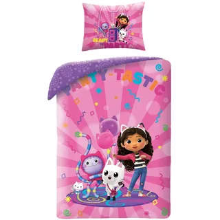 Halantex Gabby's DOLLHOUSE Puppenhaus Party TASTIC mit Kätzchen - Kinderbett 100 x 135 cm, 100% Baumwolle, Oeko-Tex - Mehrfarbig