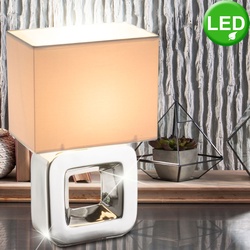 Textil Tisch Lampe Wohn Schlaf Zimmer Keramik Nacht Licht Leuchte chrom im Set inkl. LED Leuchtmittel