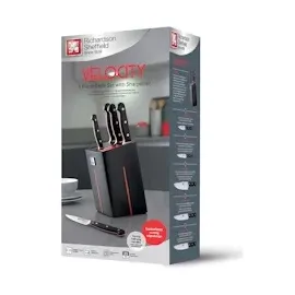 Richardson Sheffield VELOCITY Messerblock bestückt, 6-teilig, schwarz/rot, integierter Messerschärfer, hochwertiges Messer-Set, dreifach vernietete Griffschalen, 130