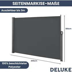 DELUKE® Seitenmarkise ausziehbar 180x300cm Blickdicht - Sichtschutz Windschutz | Markise Wandmarkise ausziehbar Sonnenschutz | Anthrazit