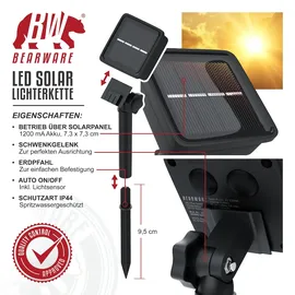 Bearware 3x LED-Lichterkette, Solar 10m warmweiß, Innen & Außen, Solarpanel mit Akku, 100 Leds, IP44