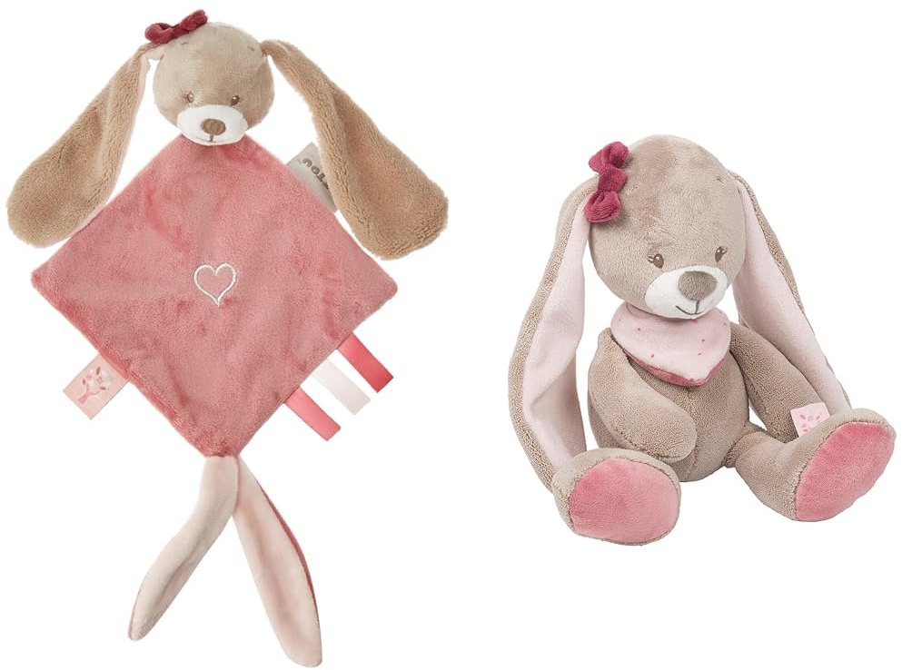 Nattou Mini Schnuffeltuch Hase Nina, Nina, Jade und Lili, 30 x 20 x 5 cm, Beige/Rosa & Kuscheltier, 30 x 17 x 9 cm, Rosa/Beige, 987004