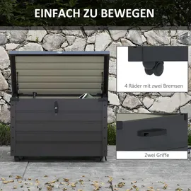 Outsunny Gartenbox, Aufbewahrungsbox mit Rollen, Aufbewahrungskiste mit Schloss, Griff, Gartentruhe für Balkon, Terrasse 100 x 62 x 65 cm, Dunkelgrau