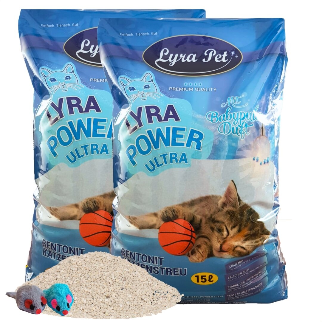 2 x 15 Liter Lyra Pet® Lyra Power ULTRA excellent Katzenstreu + 2 Mäuse