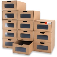 WALL QMER Schuhbox, große Größe, wasserfester Karton (35,1 x 23,6 x 13,5 cm), strapazierfähige, stapelbare, stabile Aufbewahrungsboxen mit Markierungsetiketten, tansparentes Fenster, 12 Stück