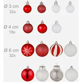 Relaxdays Weihnachtskugeln 101er Set, Kunststoff, Weihnachtsbaumdeko mit Kugeln & Spitze, Christbaumschmuck, rot/weiß