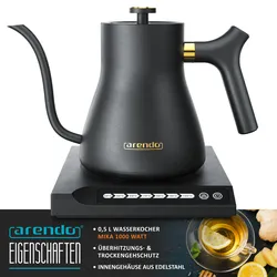 Arendo Edelstahl Wasserkocher mit Temperatureinstellung, 40° bis 100°, Warmhaltefunktion, Zwischenmessungen, 0,5 Liter, asiatisches Design
