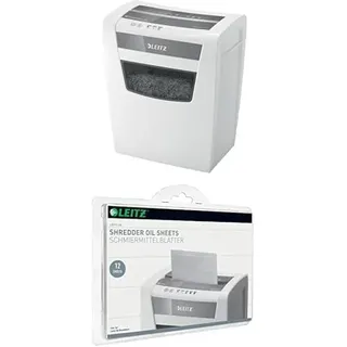 Leitz 80090000 IQ Home Office Aktenvernichter (Partikelschnitt, Sicherheitsstufe P4, 10 Blatt Kapazität, 23L Abfallbehälter) weiß & IQ Ölblätter, Packung mit 12 Stück, für IQ und andere Marken