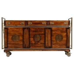 Casa Padrino Luxus Vintage Stil Sideboard mit 3 Schubladen und 3 Türen Braun / Messing 200 x 45 x H. 112,5 cm - Vintage Stil Schrank - Massivholz Möbel - Vintage Stil Möbel - Luxus Möbel