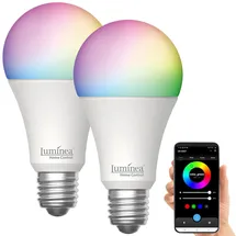 Luminea Home Control 2er-Set WLAN-LED-Lampen, E27, Matter-kompatibel, RGB, CCT, 806 Lumen