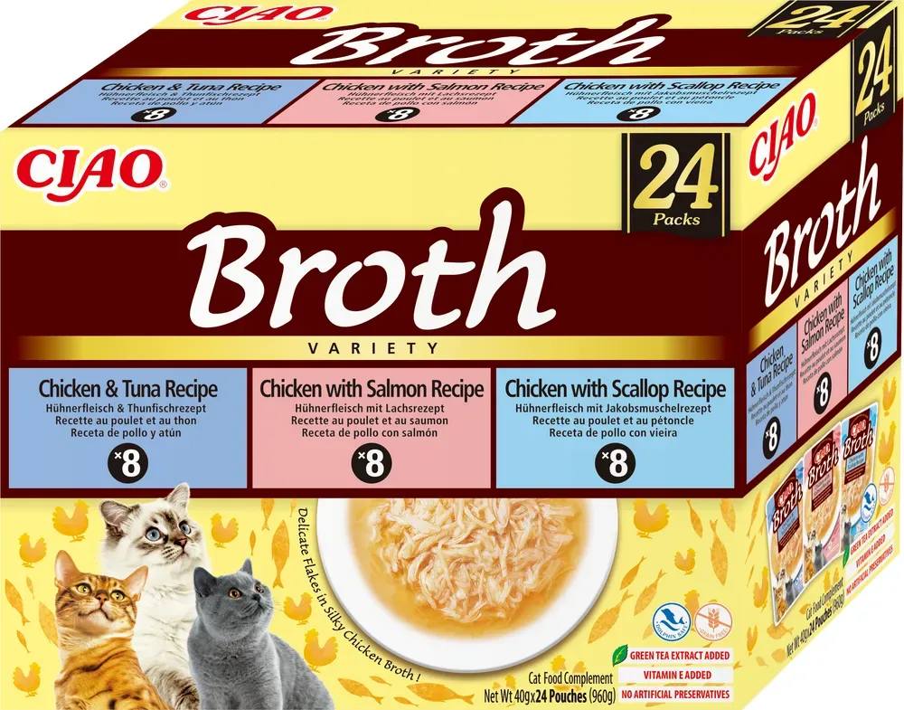 INABA Ciao Broth - Katzenfutterzusatzbrühe mit Huhn, Lachs, Thunfisch und Jakobsmuschel 24x40g