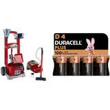 Theo Klein 6742 Vileda Besenwagen I Ausgestattet mit Besen, Wischmop, Eimer und vielem mehr I Batteriebetriebener Staubsauger mit Saug und Soundfunktion + Duracell Plus D Alkaline-Batterien, 4er Pack