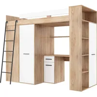 FurnitureByJDM Hochbett mit Schreibtisch, Kleiderschrank und Bücherregal - VERANA L - (Eiche Sonoma/Weiß)