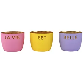 Giftcompany Windlicht Madras 3er Set XS mit Motiv La Vie est Belle rosa, gelb, lila, Eisen Höhe 4,5cm