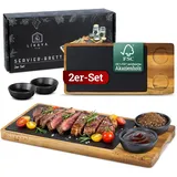 LIKAYA Steak- & Servierbrett 'Luis' 2er-Set – FSC Akazienholz mit Schieferplatte & Dipschalen – Grillbrett für Steak, Burger, Sushi BBQ-Fans