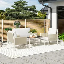 Outsunny Gartenmöbel Set aus Polyrattan Lounge-Set mit 2er Sofa Sessel Glastisch - Hellgrau