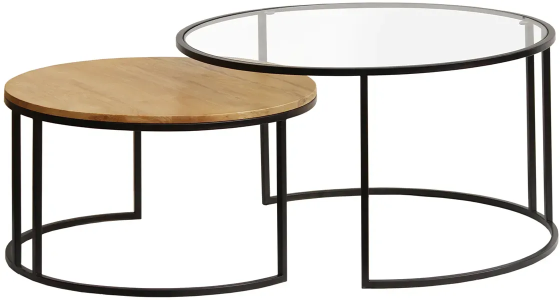 Tables basses gigognes rondes verre trempé, bois manguier massif et métal noir (lot de 2) TAHL