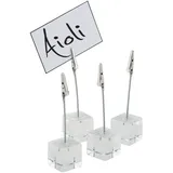 APS Kartenhalter 4er Set, transparente Kartenständer, Fotohalter mit Klemme, Acryl Kartenhalter, inklusive Zwei weißer Beschriftungskarten, Ø 3 cm, 12 cm