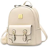 FOLOVEYA Rucksack Damen Klein Leader PU Cityrucksack Wasserdicht Anti Diebstahl Tagesrucksack Schultertasche Niedlicher Rucksack mit Bommel für Büro Einkaufen Reisen Beige