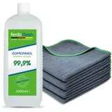 ferdoclean® 1000ml Isopropanol 99,9% + 6 x Mikrofasertücher (40 x 40 cm) 380 GSM | Lösungsmittel 1l IPA Alkohol Reiniger für Haushalt, Auto & mehr | Fettentferner Reinigungsmittel | Microfasertuch