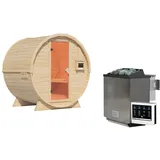 Woodfeeling Karibu Saunahaus Fasssauna 1 - 42 mm 9 kW Bio-Kombiofen inkl. Steuergerät inkl. 8-teiligem gratis Zubehörpaket