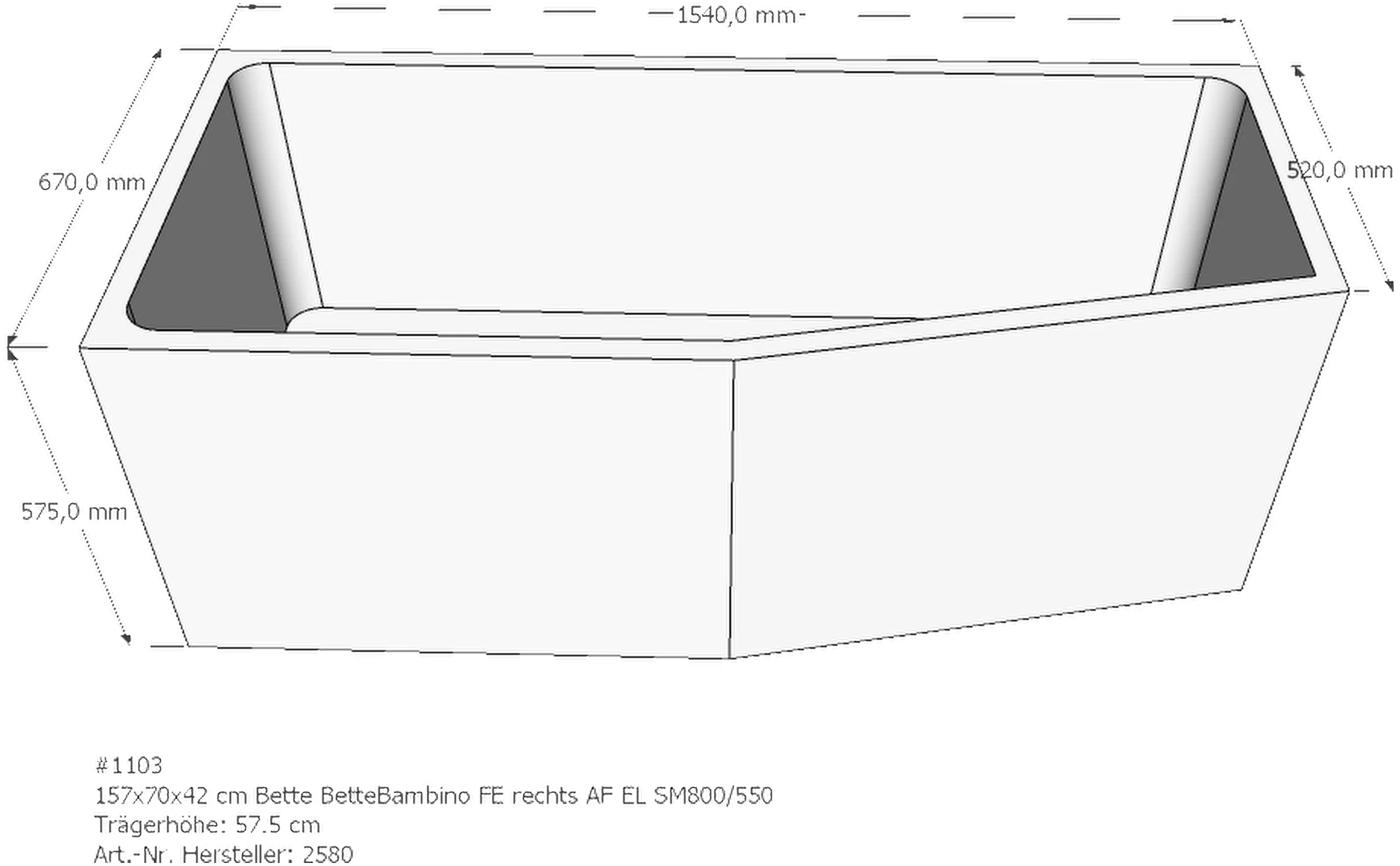 Badewannenträger für Bette Bambino rechts rechts 157 × 70 × 42 cm