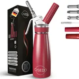 OSEDO® Sahnespender 500ml - inkl. 3 Edelstahl Tüllen + 2 Kapselhalter + Reinigungsbürste + Rezepte Ebook - Hochwertiger Aluminium Sahnesyphon für Sahne, Espumas, kalte und warme Saucen (Rot)