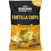 HENDERSON AND SONS Mais Tortilla Chips Nacho Cheese - 1 x 125 Gramm Beutel - mit Käsegeschmack - Perfekter Snack für Sportabende wie American Football oder Fußball