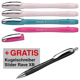 Schneider Kugelschreiber Slider Memo farbsortiert, Schreibfarbe: blau, 4 St. + GRATIS Schneider Kugelschreiber Slider Rave XB black