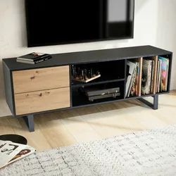 KADIMA DESIGN Lowboard Schwarz mit Eiche-Dekor 150x55x40 cm TV-Kommode Modern, Design TV-Schrank Hoch, Fernsehtisch Fernsehschrank mit Schubladen & Regal,