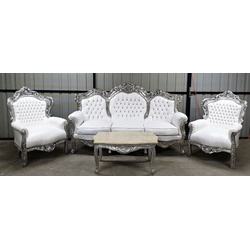 Casa Padrino Barock Wohnzimmer Set Weiß / Silber - 1 Barock Kunstleder Sofa & 2 Barock Kunstleder Sessel - Wohnzimmer Möbel im Barockstil - Barock Möbel - Barock Wohnzimmer Einrichtung