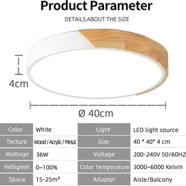 Style Home LED Deckenleuchte Deckenlampe 36W dimmbar mit Fernbedienung 3000K-6000K, Ø40*H4cm für Wohnzimmer Schlafzimmer Küche Holz