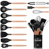 12 Stück Schwarz Küchenhelfer Set, Silikon Küchenutensilien Set, Antihaft Hitzebeständiger Holzgriff Kochbesteck mit Utensilienhalter, Silikonspatel Kochgeschirr Set