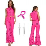 AYYOHON Cowgirl Kostüm 70er 80er Jahre Hippie Disco Outfits Rosa Weste Top Flare Pant Halloween Margot Robbie Cosplay für Frauen XL