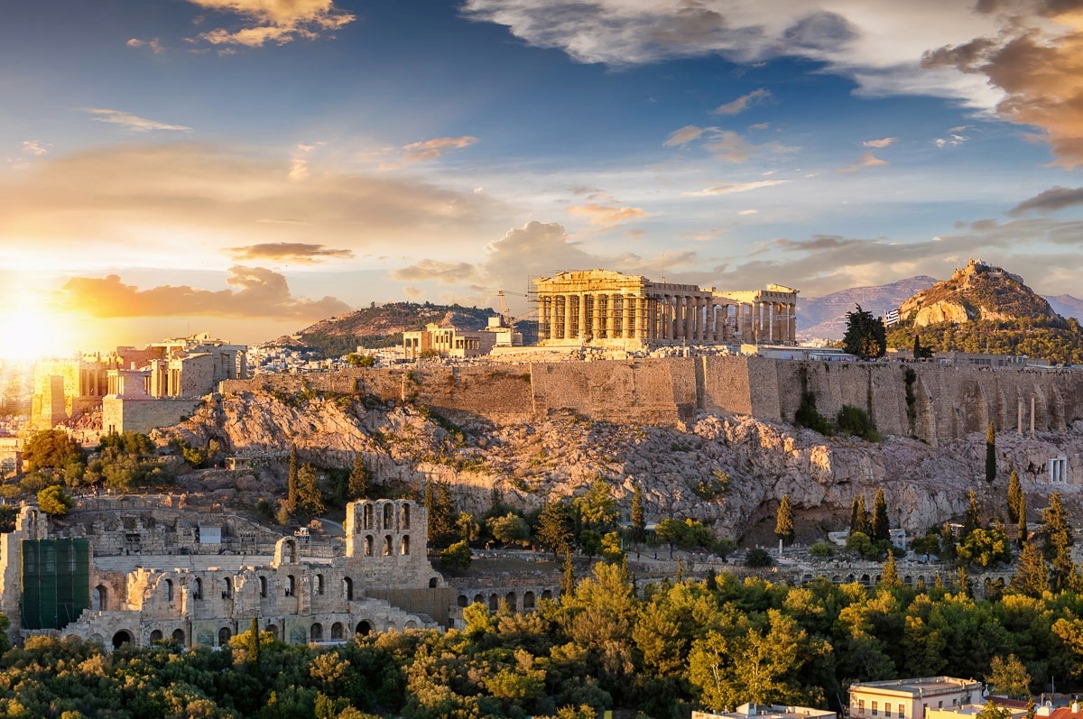 PAPERMOON Fototapete "Griechenland Akropolis in Athen" Tapeten Gr. B/L: 3,50 m x 2,60 m, Bahnen: 7 St., bunt Fototapeten