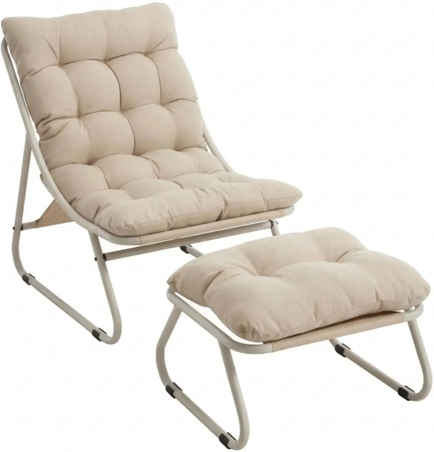 Outdoor-Lounge-Sessel mit Hocker, Polsterkissen, Sling-Gewebe, Stahlrahmen, Beige