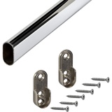 Gedotec Metall Kleiderstange Schrank Schrankstange 1500 mm | Schrankrohr Stahl verchromt | Möbelrohr 30 x 15 mm | Stange mit 2 Stück Schrankrohrlager | 1 Set - Garderobenstange OVAL für Wandmontage