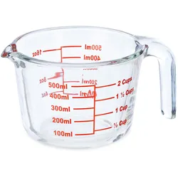 Relaxdays Messbecher Glas, 500 ml, hitzebeständig, mikrowellengeeignet, Skala in Milliliter, Cups, oz, transparent