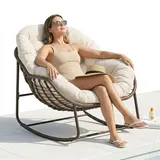 LVHOM Schaukelsessel Garten mit gepolstertem Kissen, Rattanstuhl mit Stahlrahmen, Schaukelstuhl Outdoor Loungesessel, Sessel für Balkon, Creme-Weiß - Creme