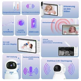Extralink Reya Babyphone MO570 mit 5-Zoll-Monitor, VOX, 2,4 GHz - Weiß