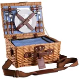 eGenuss Handgefertigtes Picknickkorb für 2 Personen mit abnehmbarem Schultergurt, Kühlfach, Kellnermesser, Edelstahlbesteck, Porzellanteller und Weingläser | BLAU