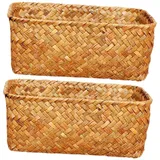 TOPPERFUN 2stücke Geflochtener Seegras-aufbewahrungskorb Rechteckiger Stauraumkorb Für Küche Bad Wohnzimmer Regalkorb Snack-organizer Tisch-aufbewahrungsbox Praktisches Heimzubehör