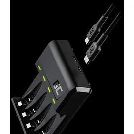 Green Cell VitalCharger Ladegerät + 2X AA 2000mAh + 2X AAA 800mAh für NI-MH AA AAA R6 R03 Mignon Akku. Mit Micro USB-C. 4-Kanal-Ladesystem - lädt ab 1 bis 4 AA oder AAA, LED-Signalisierung
