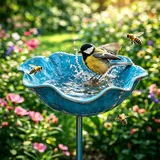 Vogeltränke Stehend, 2026 Neue Blumen Gartenstecker Bienentränke Metall, Winterfester Insektentränke Garten, Vogelfutterhaus Gartenfiguren & Gartenstatuen Gartendeko für Draußen (Blau)