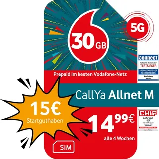 Vodafone Prepaid CallYa M | 30 GB | 15 EUR Startguthaben | 5 GB gratis im Roaming-Special | ohne Vertrag | 5G-Netz | Telefon- SMS-Flat | EU-Roaming